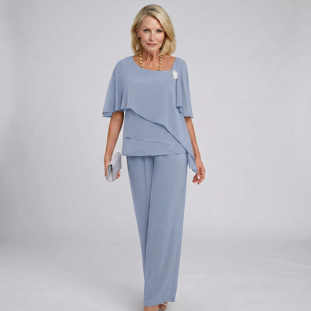 Women's Chiffon Cape Sleeve Square-Neck Wide-Leg Pants Two-Piece Set - Grey-Blue