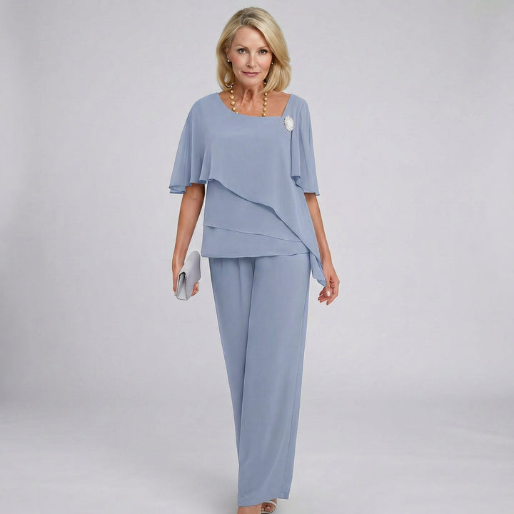 Women's Chiffon Cape Sleeve Square-Neck Wide-Leg Pants Two-Piece Set - Grey-Blue