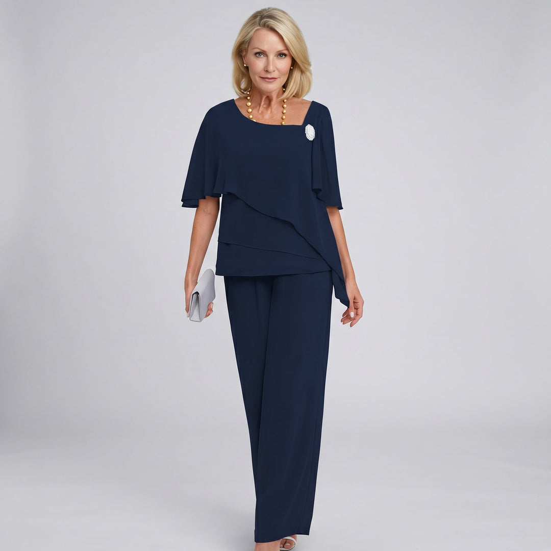Women's Chiffon Cape Sleeve Square-Neck Wide-Leg Pants Two-Piece Set - Navy Blue