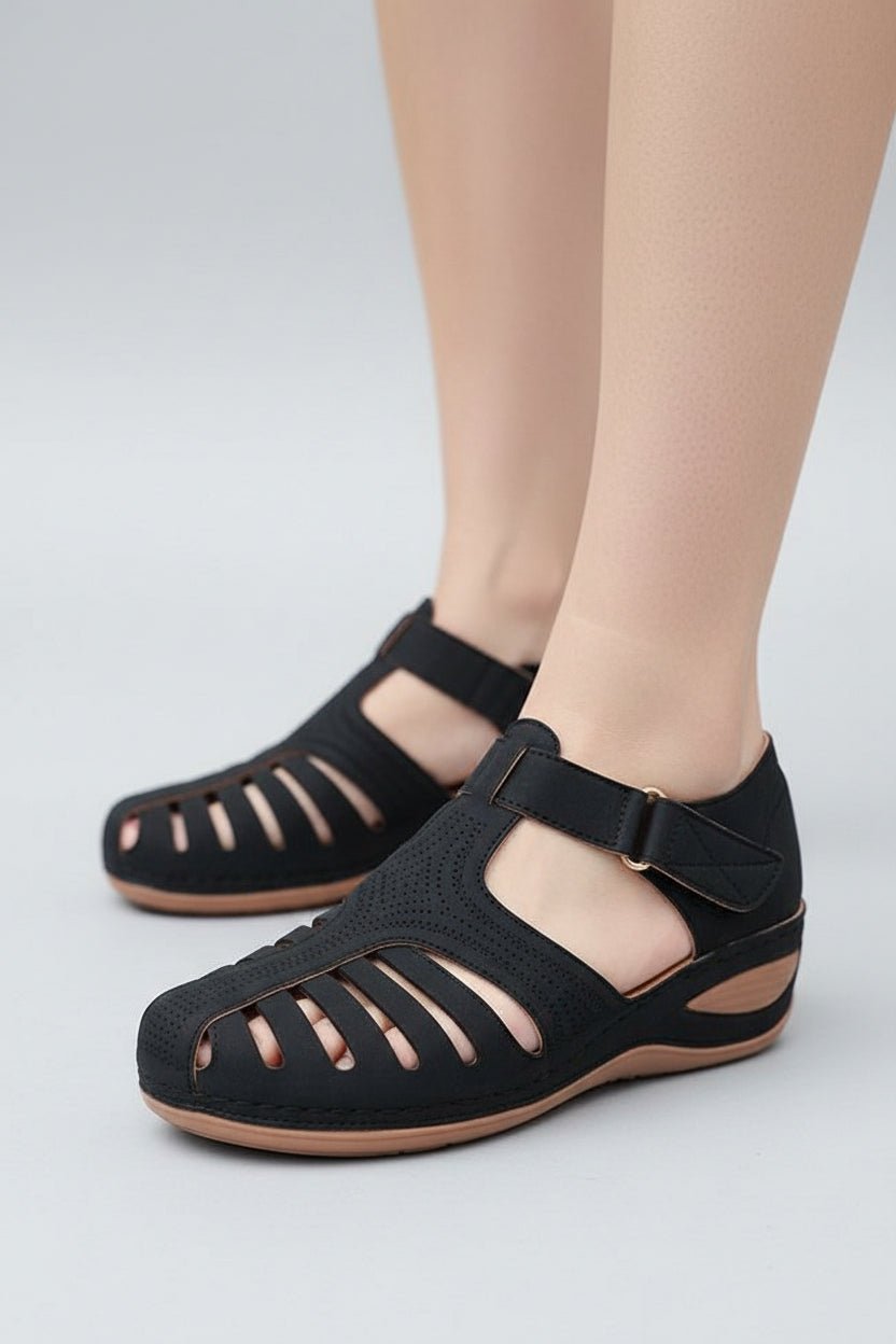 Women's Closed-Toe Cutout Wedge Walking Sandals Velcro Strap - Black