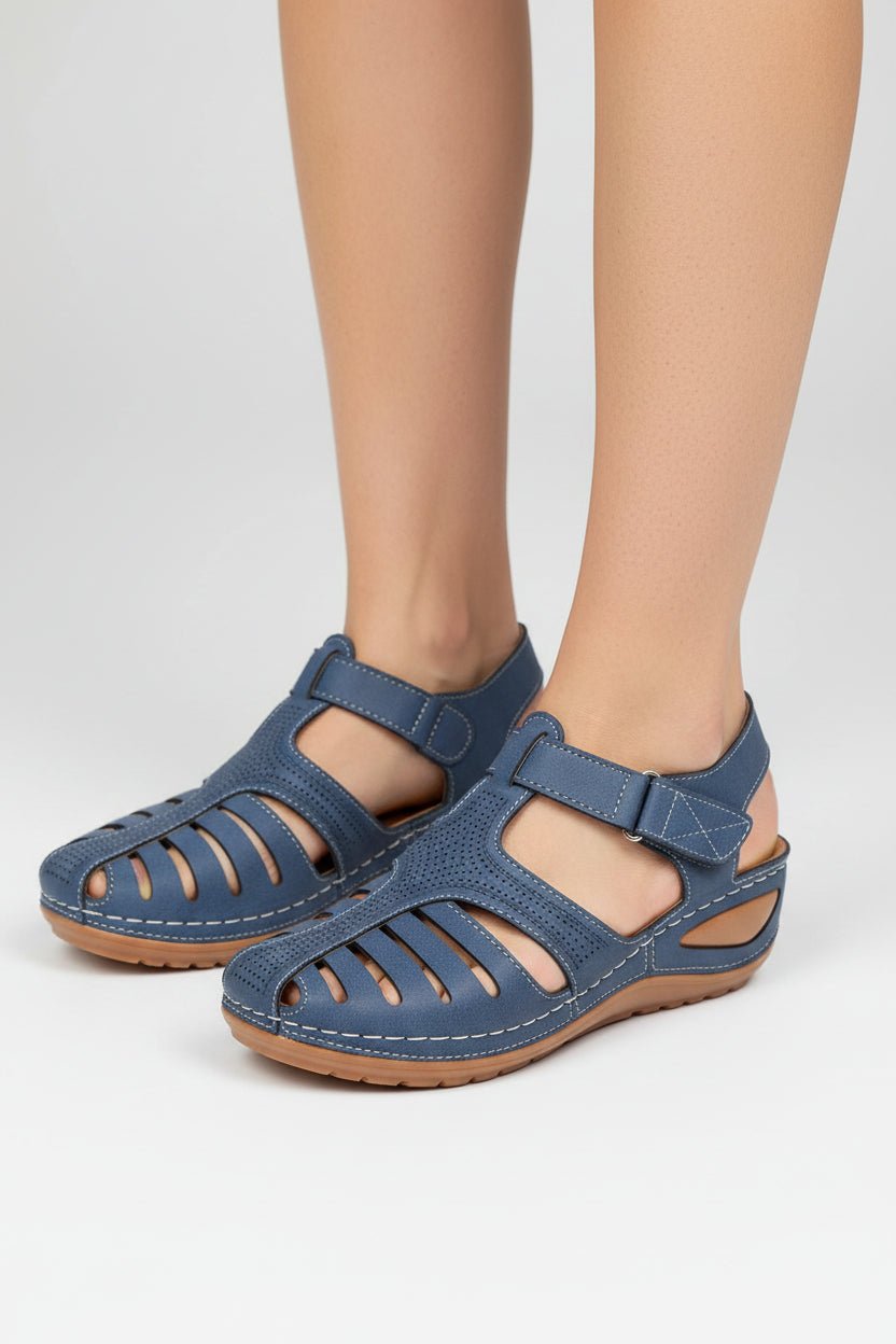 Women's Closed-Toe Cutout Wedge Walking Sandals Velcro Strap - Blue