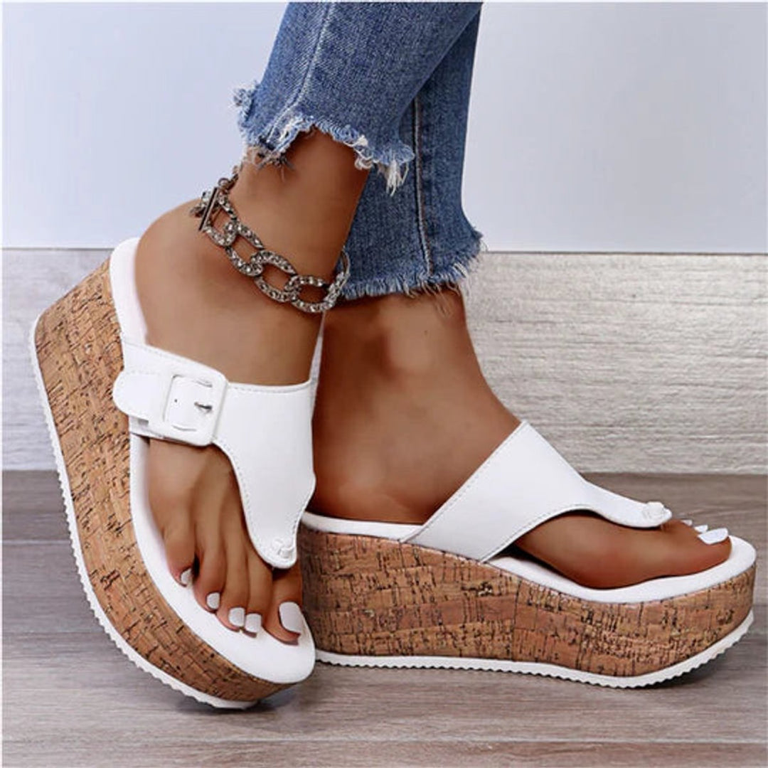 Women's Cork Wedge Thong Comfortable Sandals Buckle Strap Platform - White