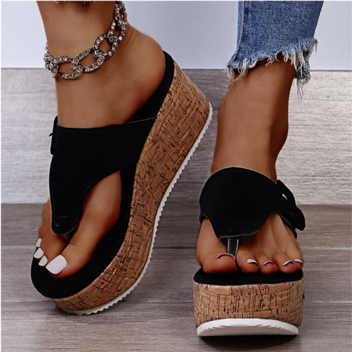 Women's Cork Wedge Thong Comfortable Sandals Buckle Strap Platform - Black