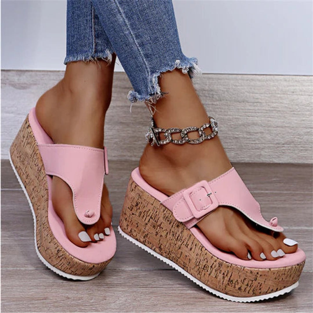 Women's Cork Wedge Thong Comfortable Sandals Buckle Strap Platform - Pink