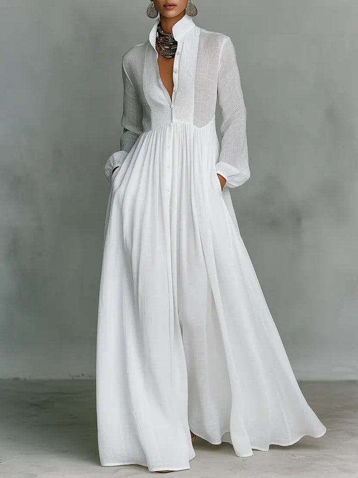 Women's Cotton-Linen Button-Front Stand Collar Maxi Shirt Dress - White