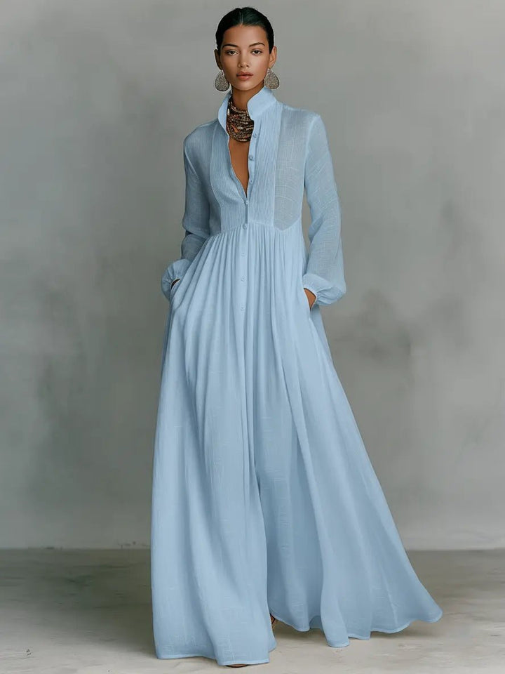 Women's Cotton-Linen Button-Front Stand Collar Maxi Shirt Dress - Blue