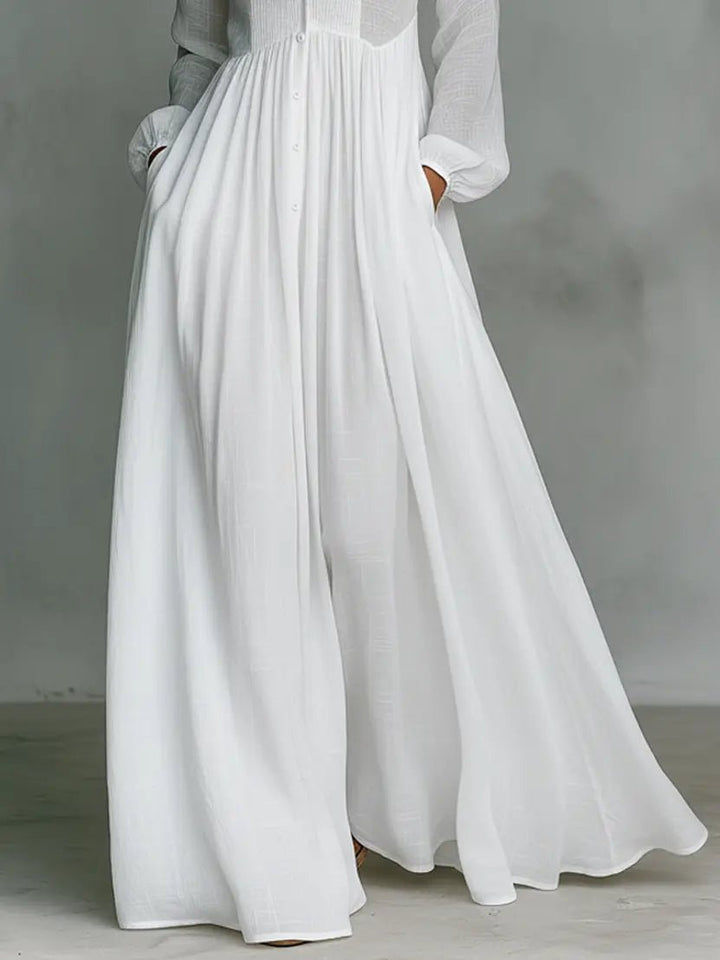 Women's Cotton-Linen Button-Front Stand Collar Maxi Shirt Dress