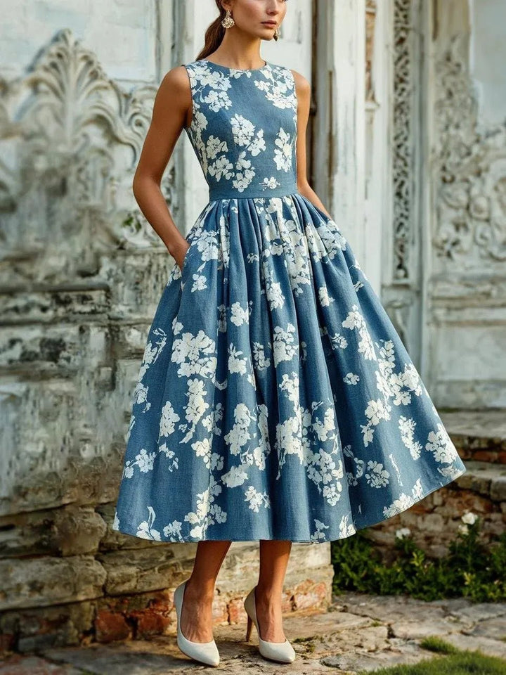 Women's Floral A-Line Pleated Midi Dress Pockets - Blue