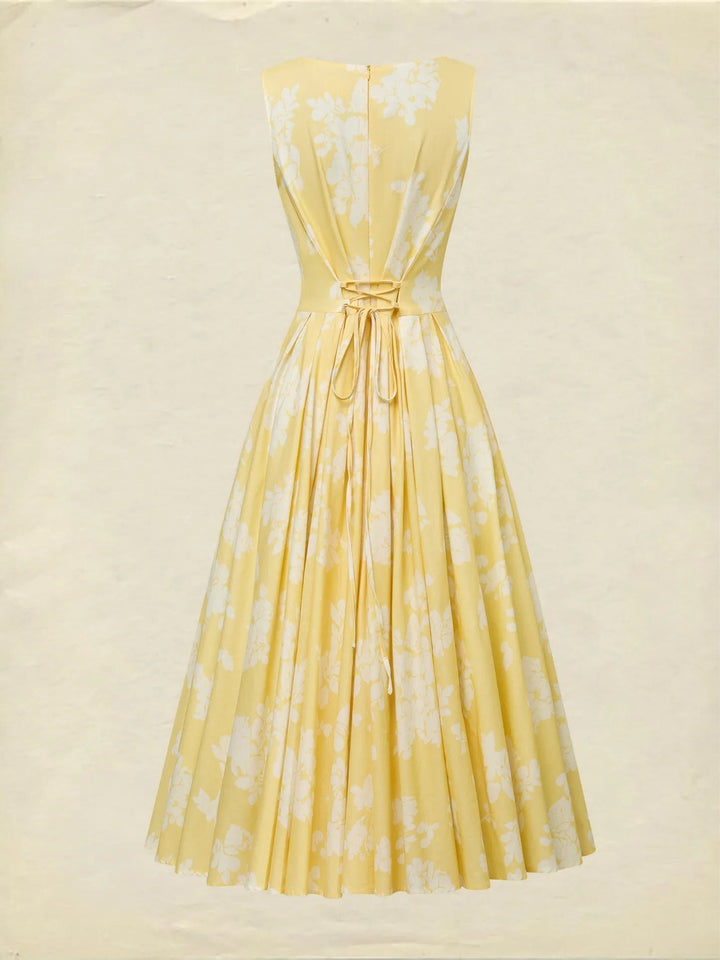 Women's Floral A-Line Pleated Midi Dress Pockets