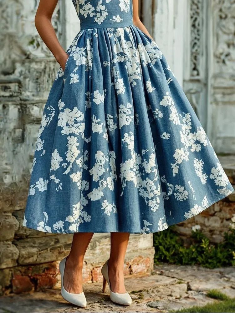 Women's Floral A-Line Pleated Midi Dress Pockets