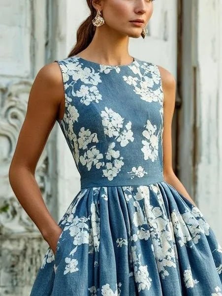 Women's Floral A-Line Pleated Midi Dress Pockets