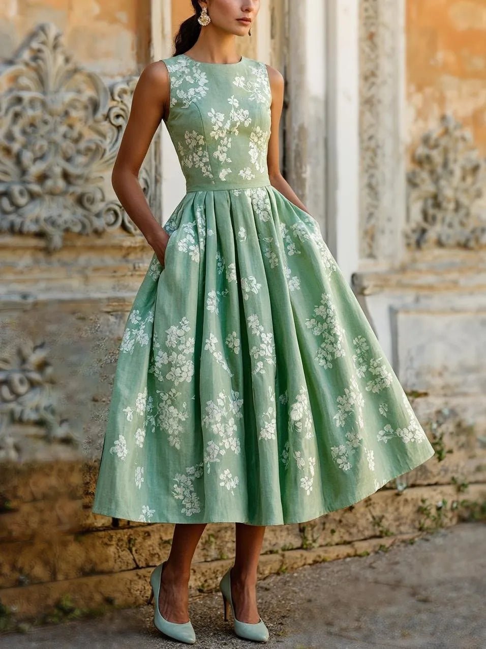 Women's Floral A-Line Pleated Midi Dress Pockets - Green