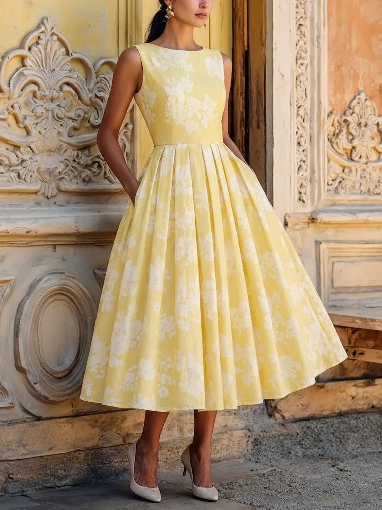 Women's Floral A-Line Pleated Midi Dress Pockets - Yellow