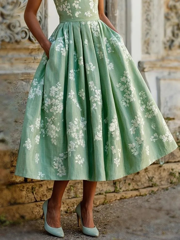 Women's Floral A-Line Pleated Midi Dress Pockets