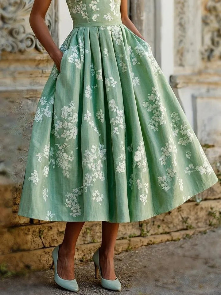 Women's Floral A-Line Pleated Midi Dress Pockets