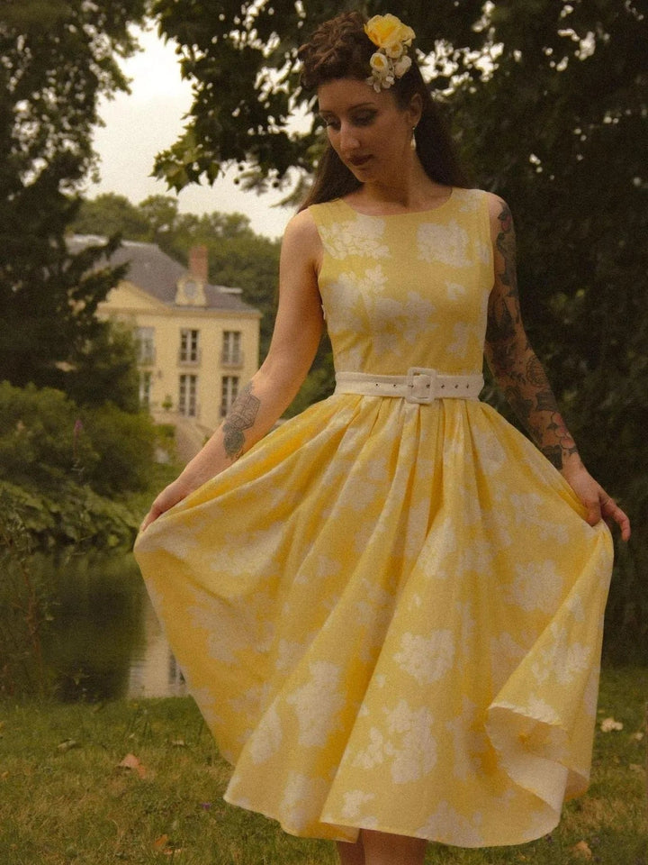 Women's Floral A-Line Pleated Midi Dress Pockets