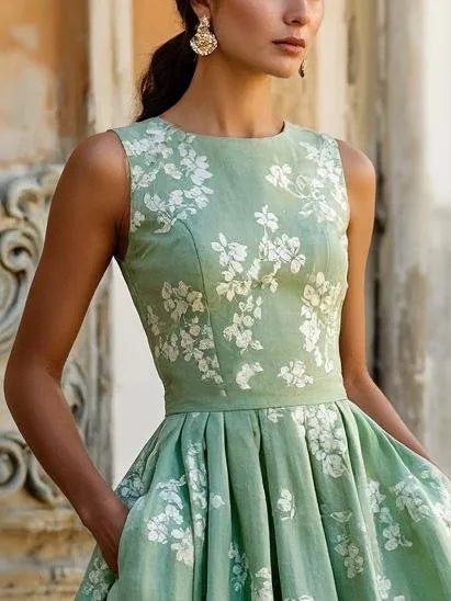 Women's Floral A-Line Pleated Midi Dress Pockets