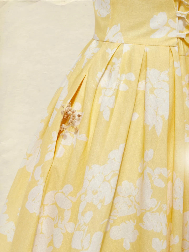 Women's Floral A-Line Pleated Midi Dress Pockets