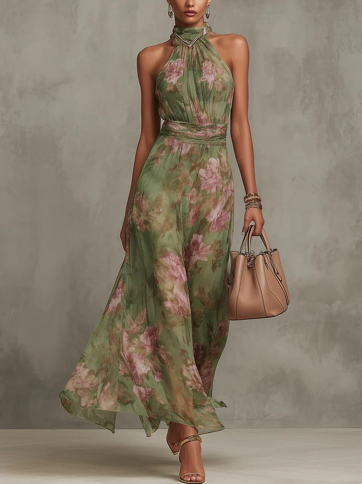 Women's Floral Halter-Neck Sleeveless Maxi Dress - Green