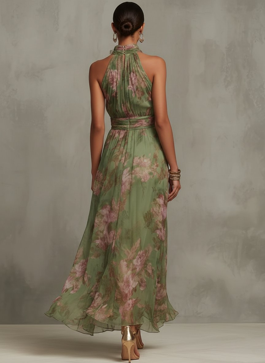 Women's Floral Halter-Neck Sleeveless Maxi Dress