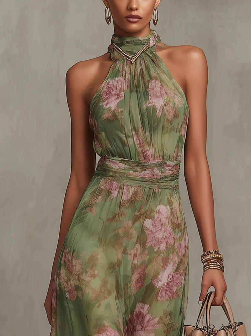 Women's Floral Halter-Neck Sleeveless Maxi Dress