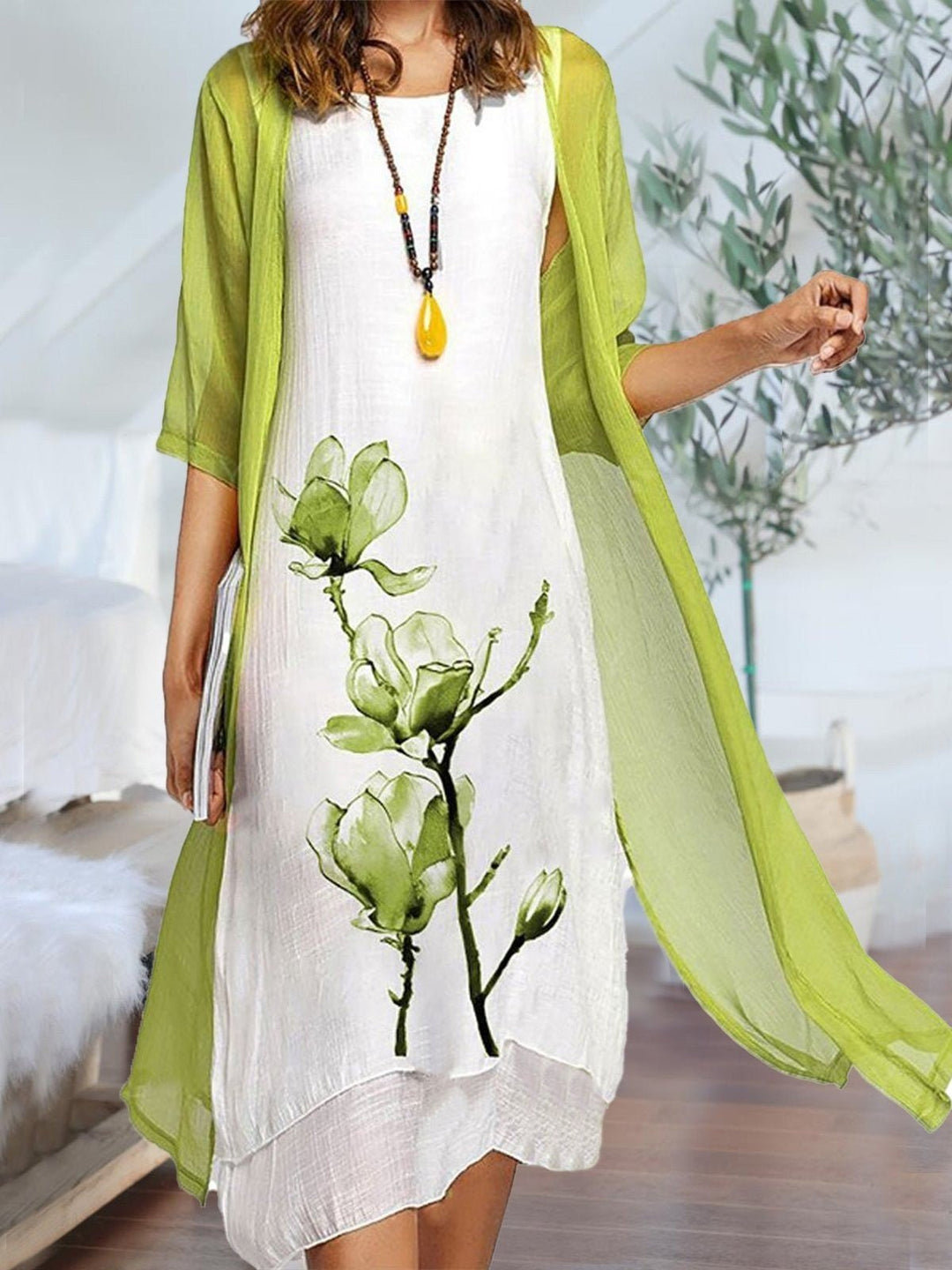 Women's Floral-Print Sleeveless Linen Midi Dress Chiffon Cardigan Set - Light Green