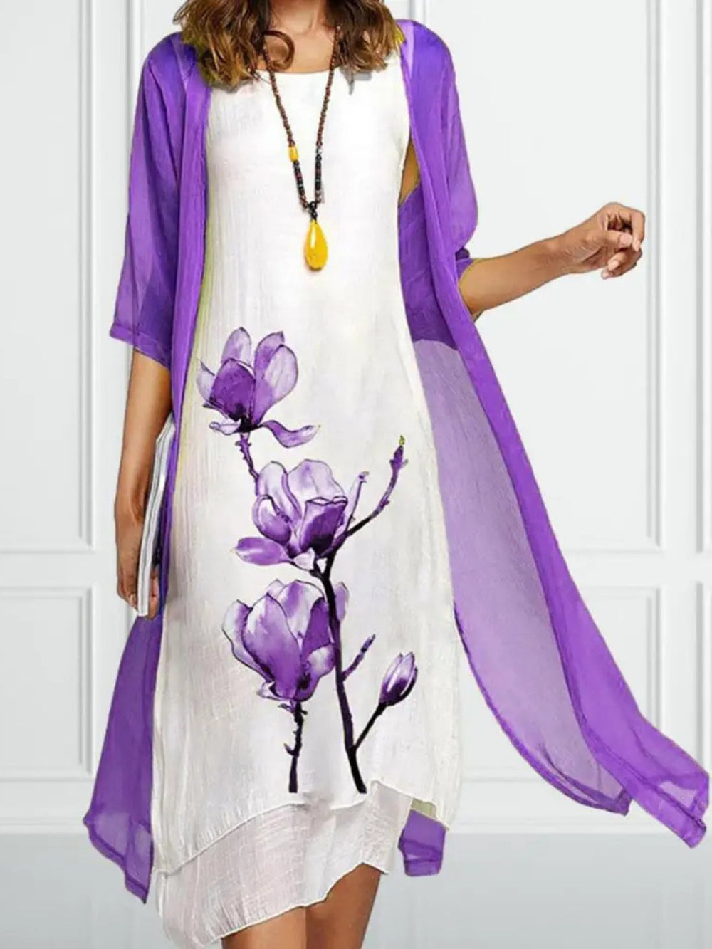 Women's Floral-Print Sleeveless Linen Midi Dress Chiffon Cardigan Set - Purple