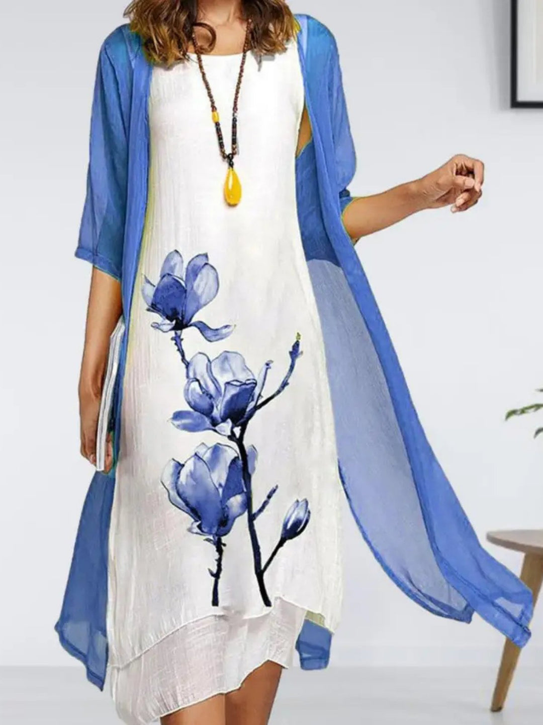 Women's Floral-Print Sleeveless Linen Midi Dress Chiffon Cardigan Set - Blue