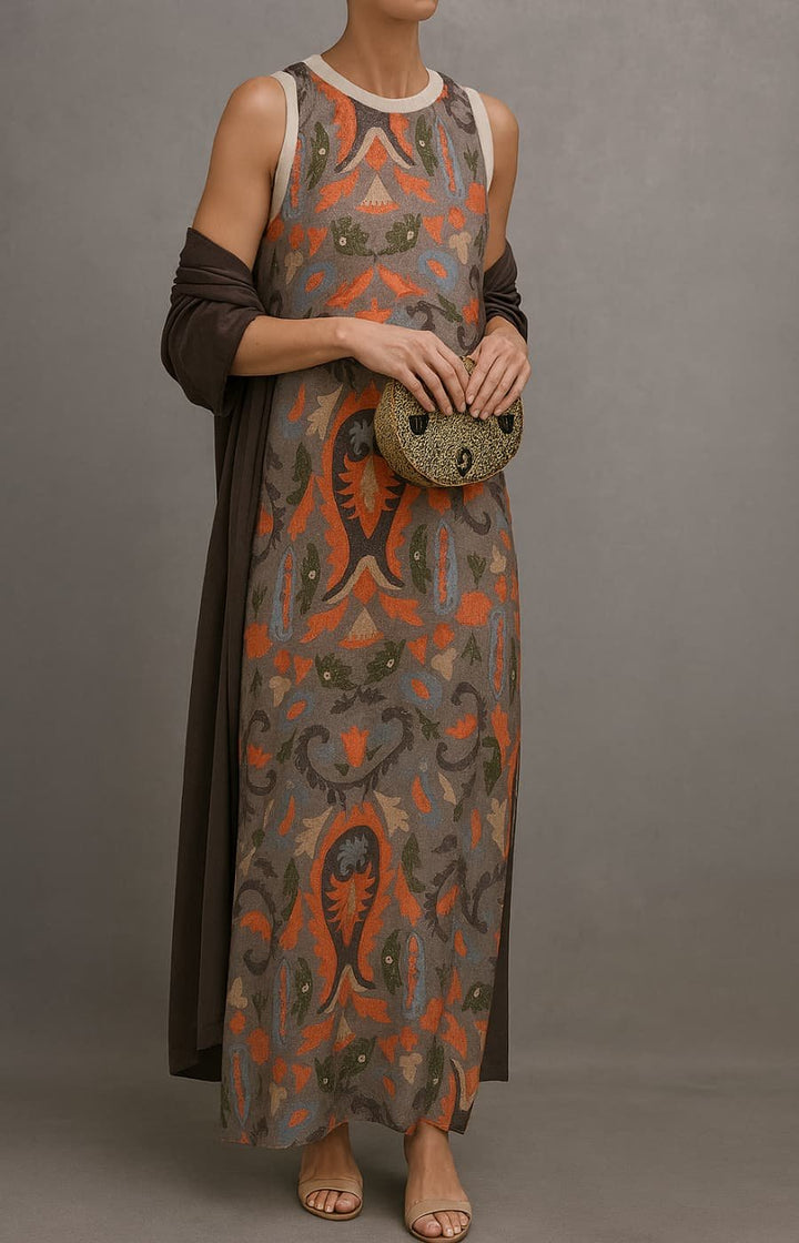 Women's Floral-Print Sleeveless Maxi Dress Shawl Set - Gray