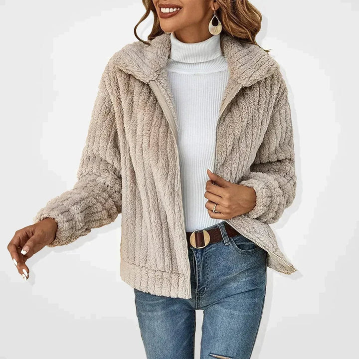 Women's Fluffy Plush Zip-Up Sherpa Cardigan Jacket - Beige