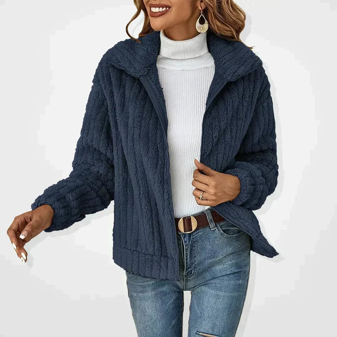 Women's Fluffy Plush Zip-Up Sherpa Cardigan Jacket - Navy Blue