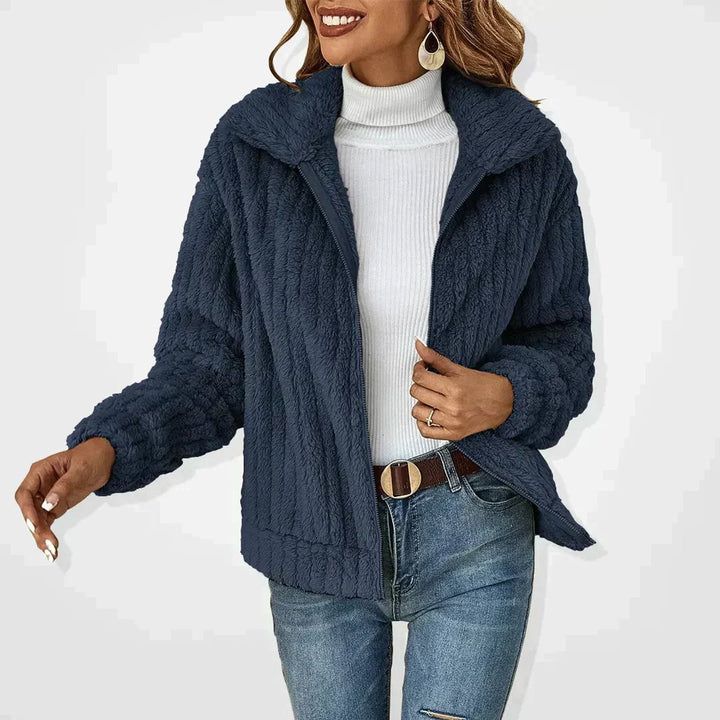 Women's Fluffy Plush Zip-Up Sherpa Cardigan Jacket - Navy Blue
