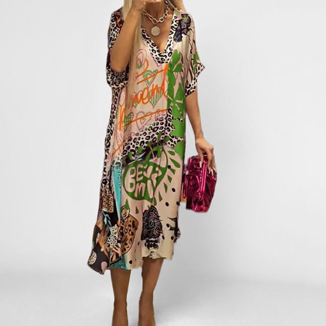 Women's Graphic Print V-Neck Relaxed Swing Tunic Dress - Grün