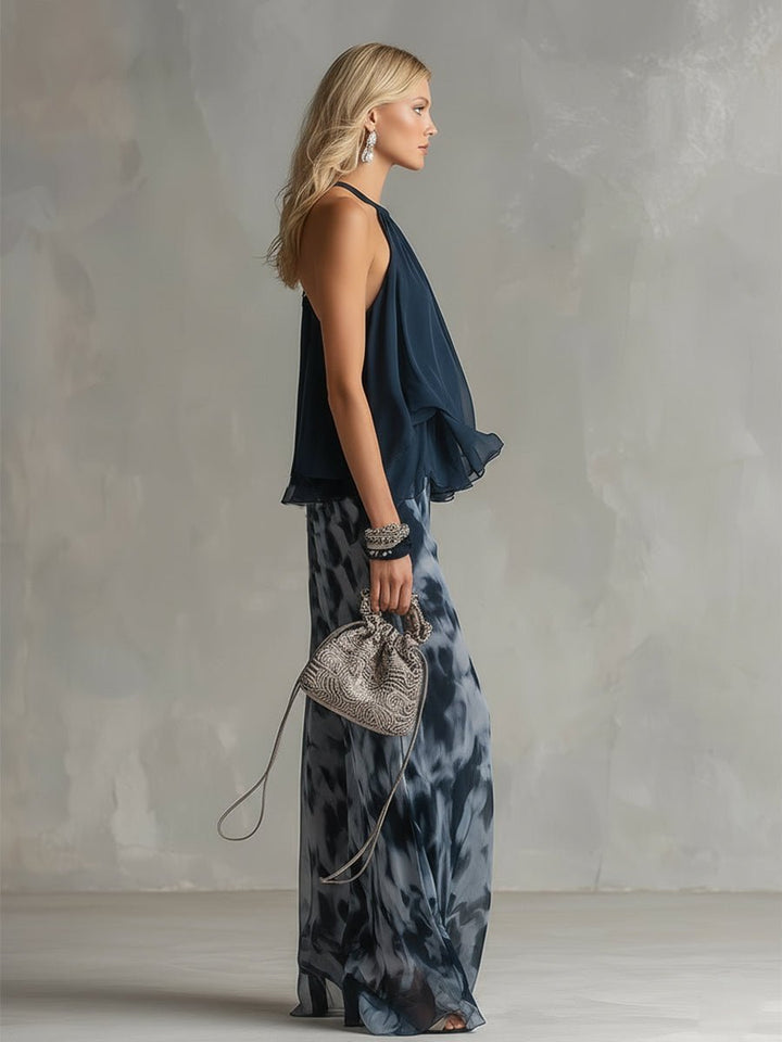 Women's Halter Neck Ruffled Chiffon Blouse Wide-Leg Pants Two-Piece Set