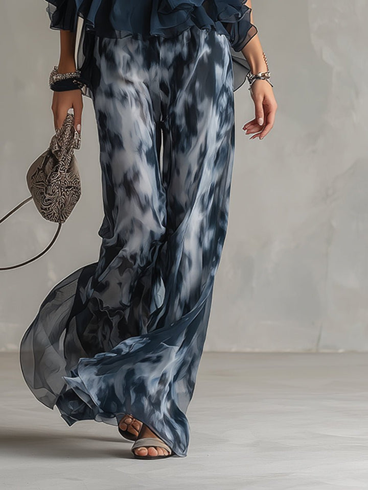 Women's Halter Neck Ruffled Chiffon Blouse Wide-Leg Pants Two-Piece Set