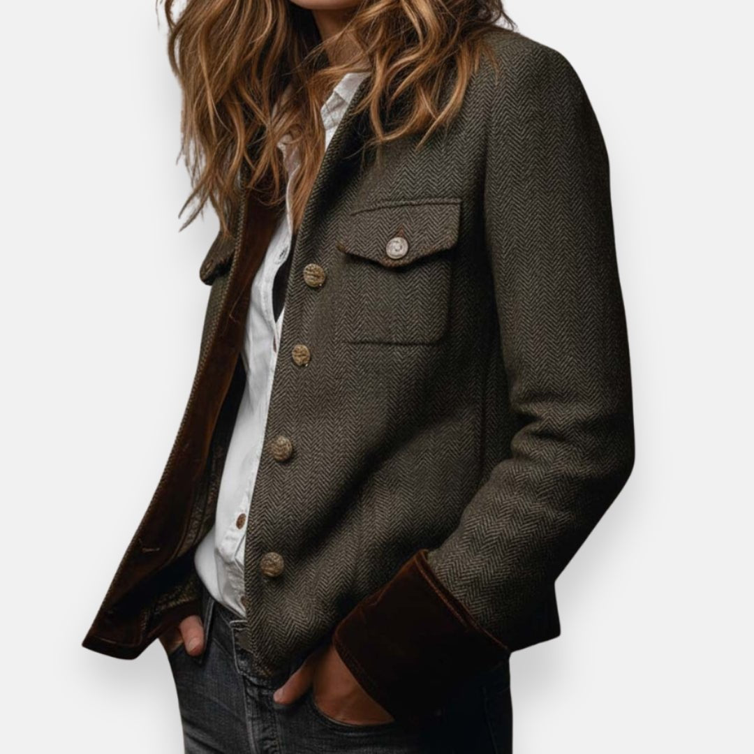 Women's Herringbone Tweed Button-Front Structured Jacket