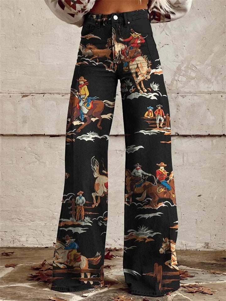 Women's High-Waist Vintage Western Print Wide-Leg Pants - Black
