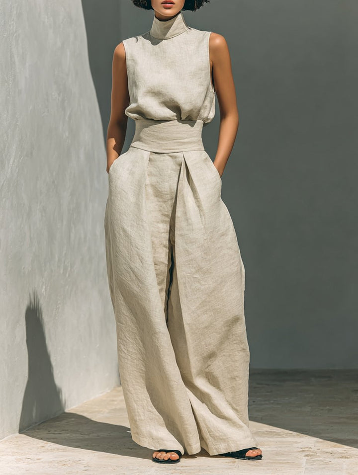 Women's High-Waist Wide-Leg Linen-Blend Sleeveless Two-Piece Set - Khaki