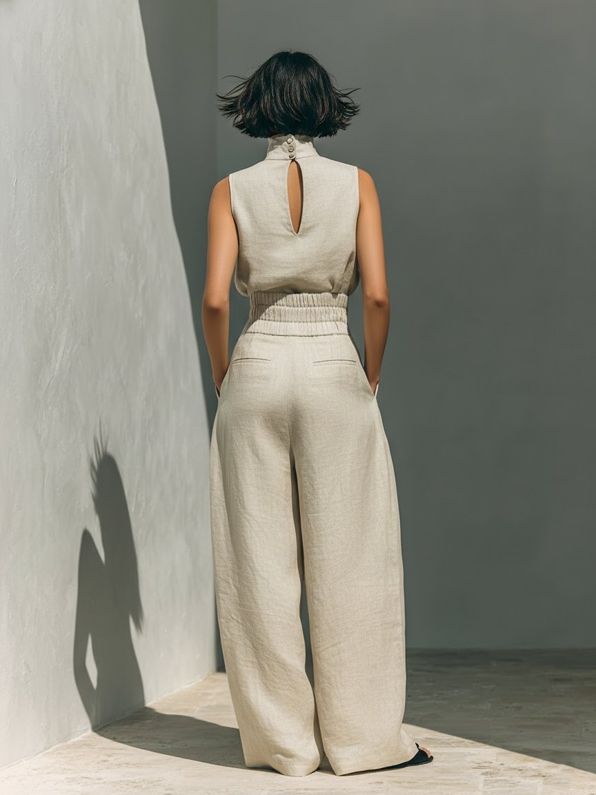 Women's High-Waist Wide-Leg Linen-Blend Sleeveless Two-Piece Set
