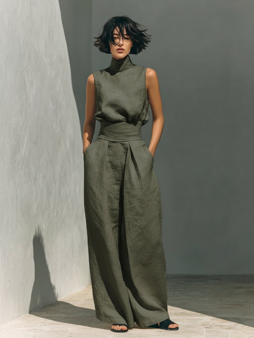 Women's High-Waist Wide-Leg Linen-Blend Sleeveless Two-Piece Set - Army Green