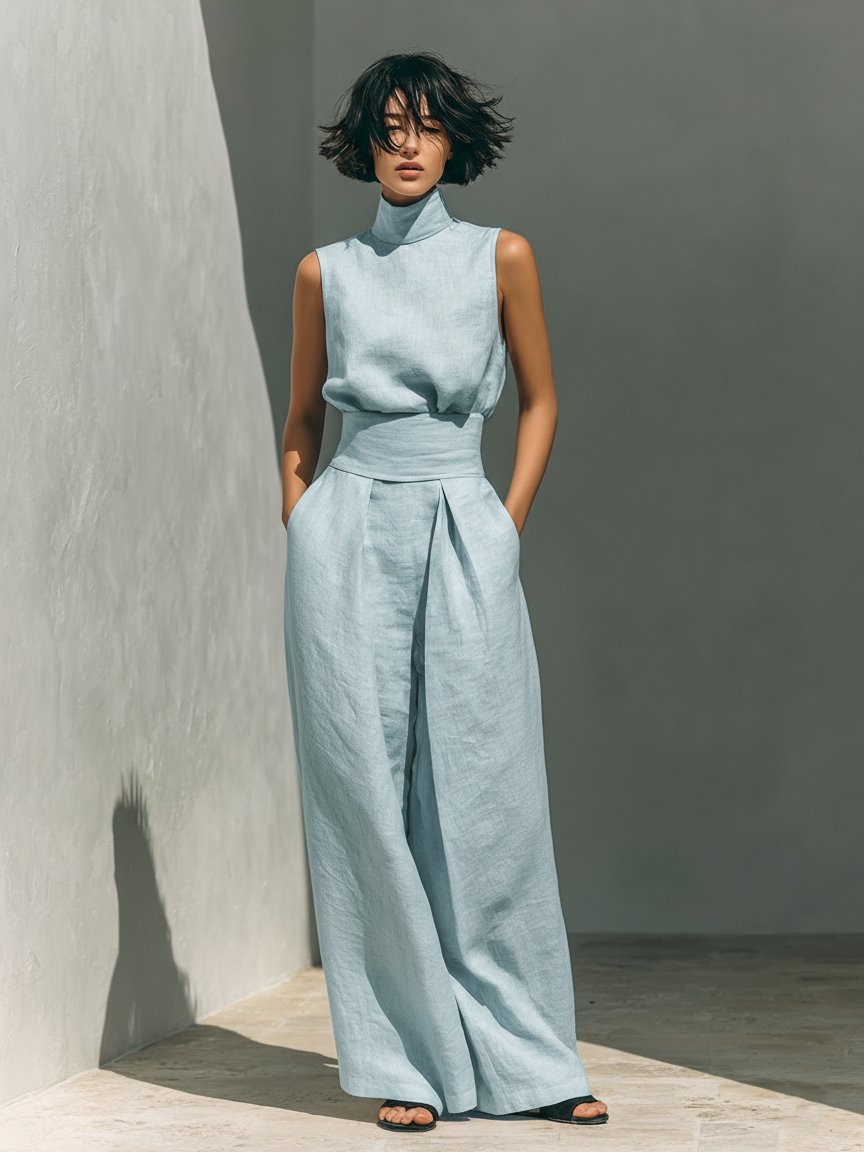 Women's High-Waist Wide-Leg Linen-Blend Sleeveless Two-Piece Set - Light Blue