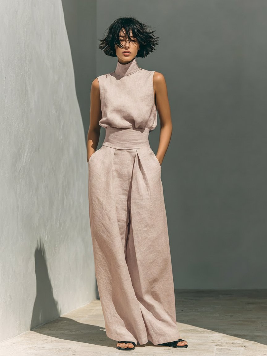 Women's High-Waist Wide-Leg Linen-Blend Sleeveless Two-Piece Set - Light Pink