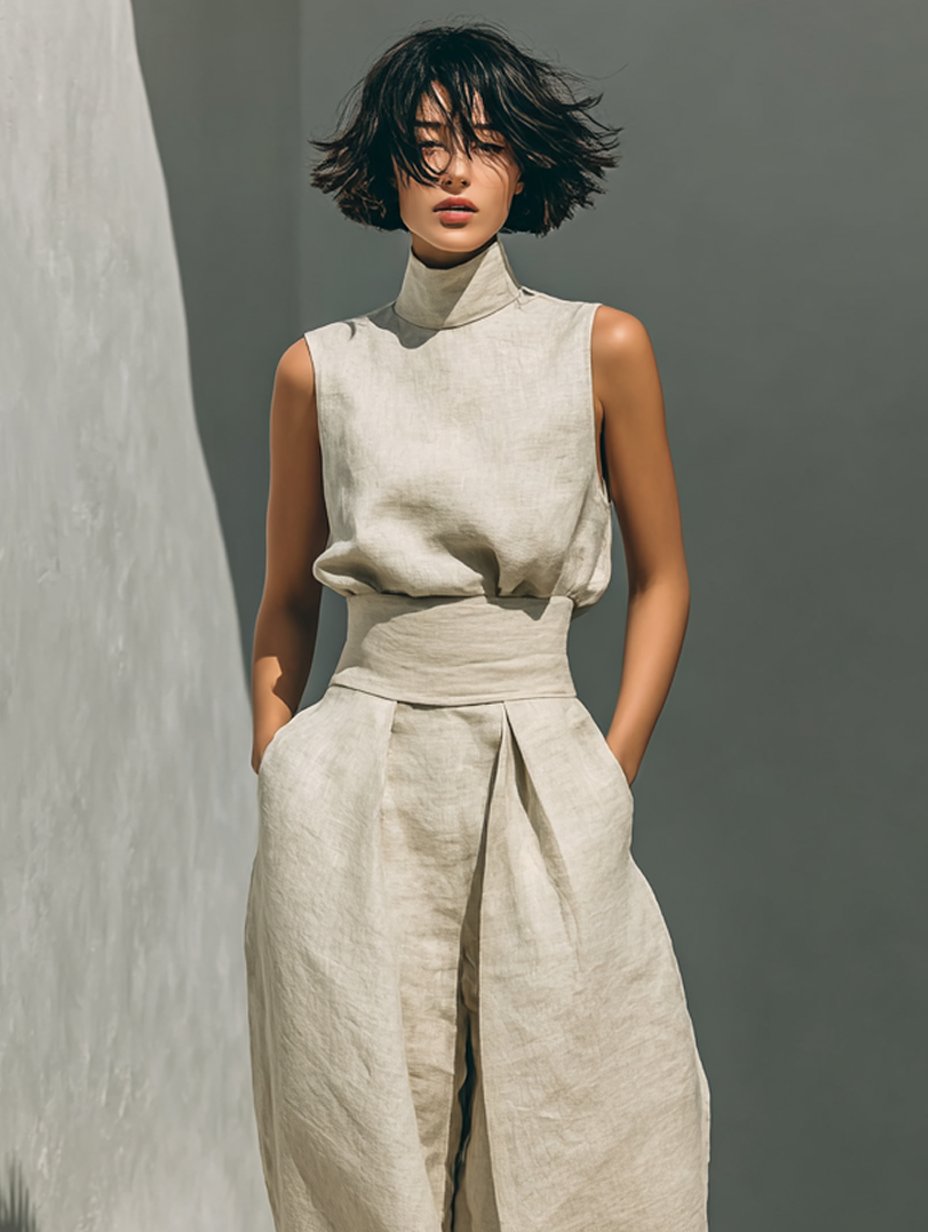 Women's High-Waist Wide-Leg Linen-Blend Sleeveless Two-Piece Set