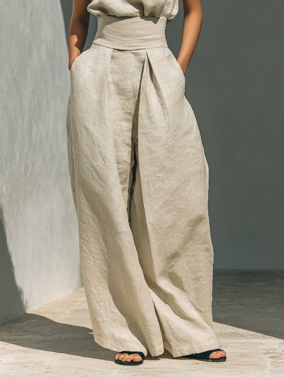 Women's High-Waist Wide-Leg Linen-Blend Sleeveless Two-Piece Set