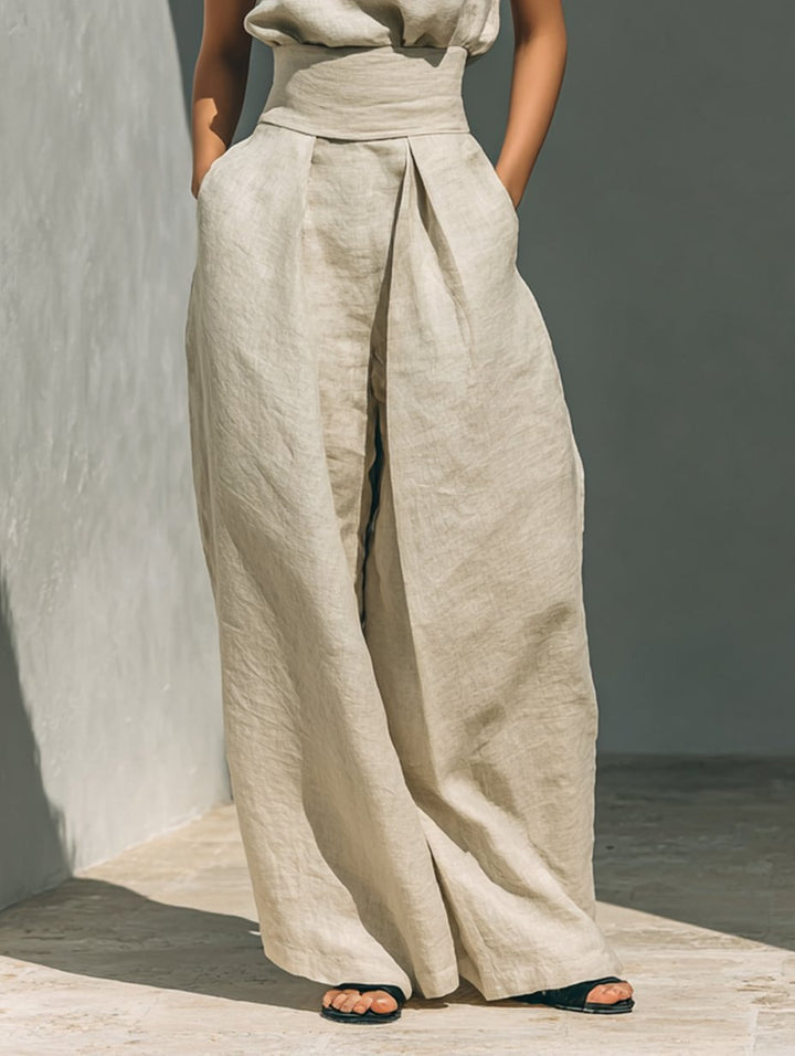 Women's High-Waist Wide-Leg Linen-Blend Sleeveless Two-Piece Set
