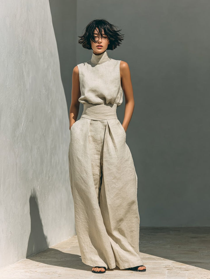 Women's High-Waist Wide-Leg Linen-Blend Sleeveless Two-Piece Set