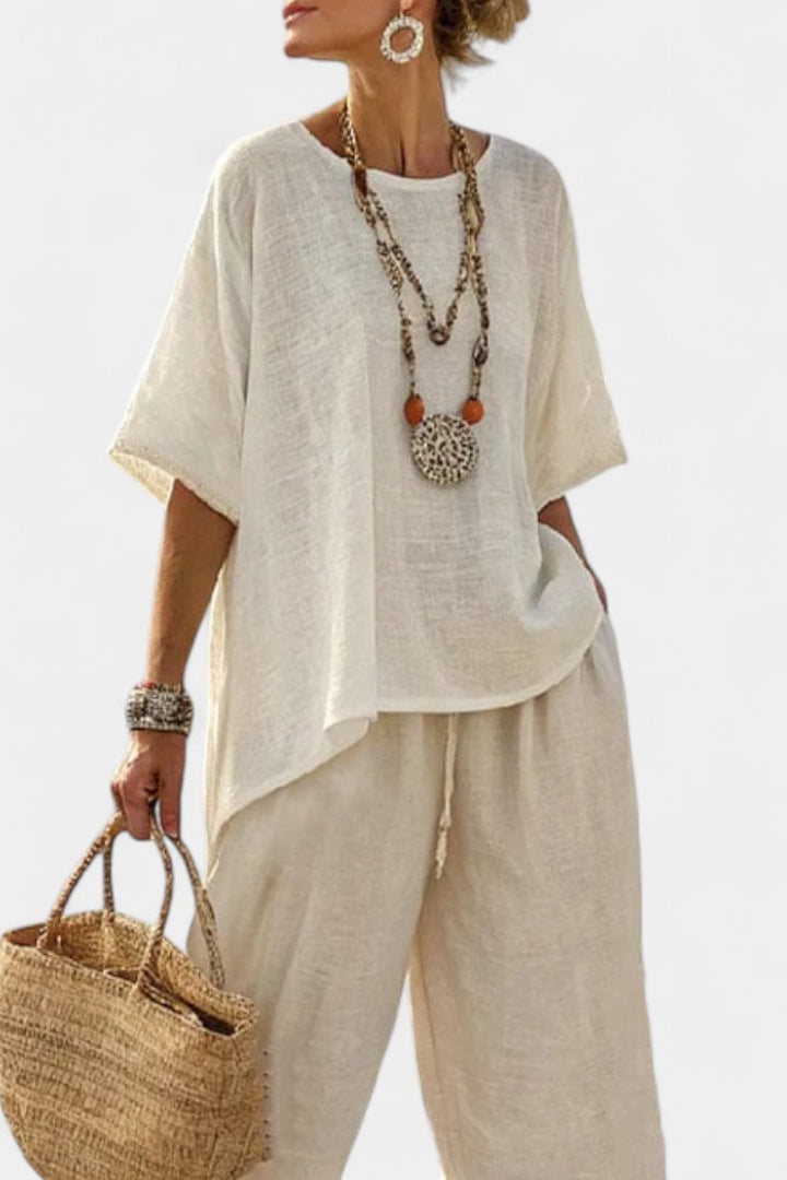 Women's Linen Asymmetric-Hem Oversized Top Wide-Leg Pants Two-Piece Set