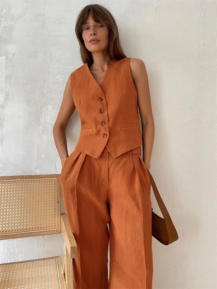 Women's Linen-Blend Buttoned Vest Wide-Leg Pleated Pants Two-Piece Set - Orange
