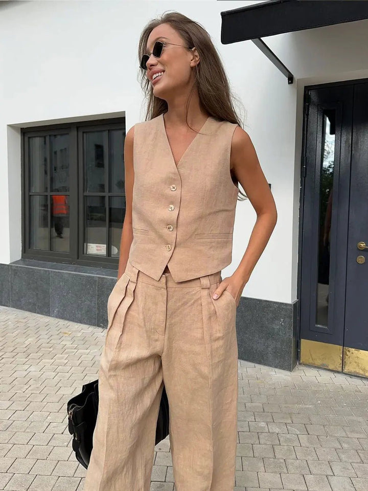 Women's Linen-Blend Buttoned Vest Wide-Leg Pleated Pants Two-Piece Set