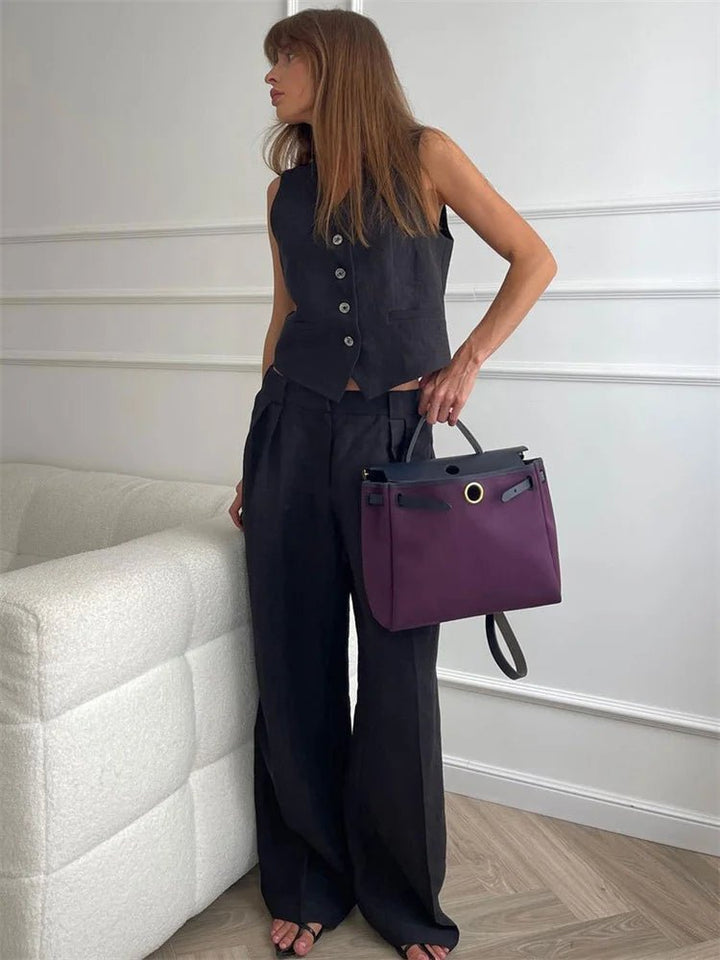 Women's Linen-Blend Buttoned Vest Wide-Leg Pleated Pants Two-Piece Set